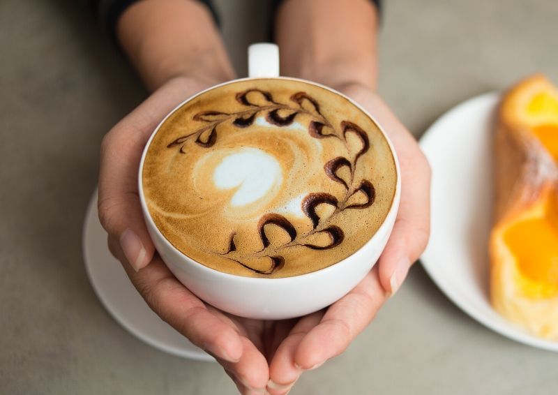 Cute cups of coffee. Latte, espresso, frappuccino, cappuccino