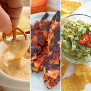 Beer dip, chicken skewers and guacamole