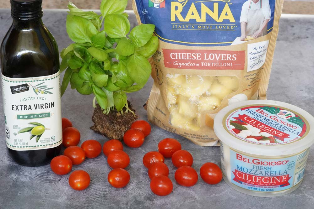 Ingredients for caprese tortellini skewers