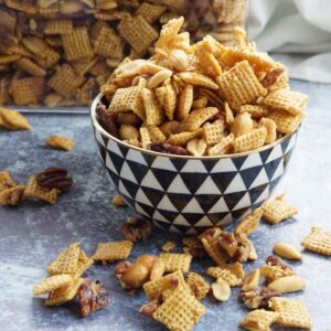 A bowl of sweet and salty Chex mix.