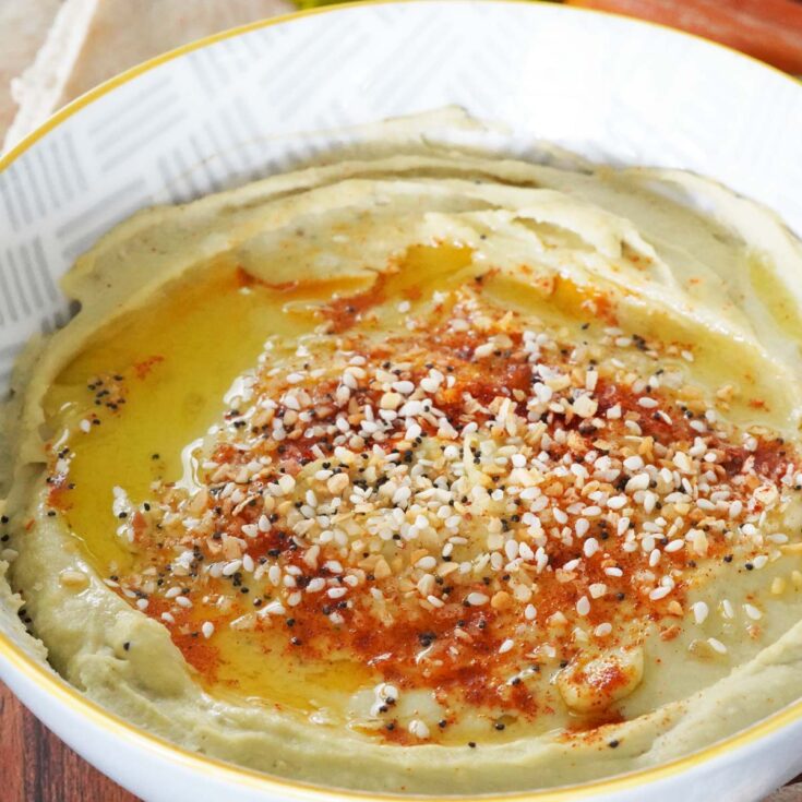 Everything bagel hummus in a bowl.