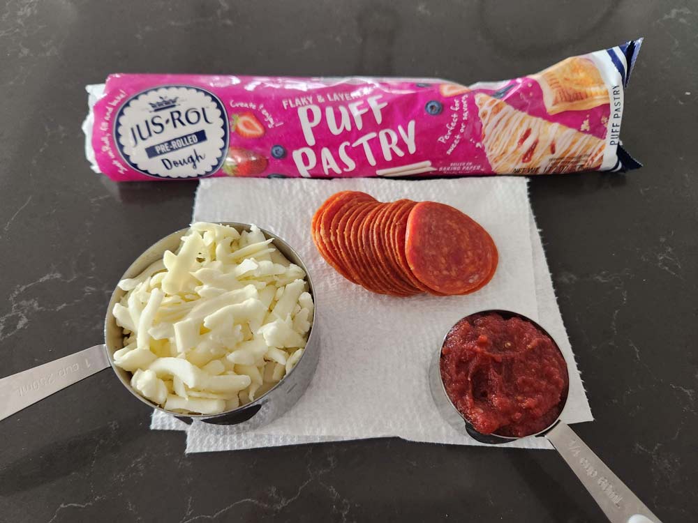 Ingredients for puff pastry pizza pinwheels