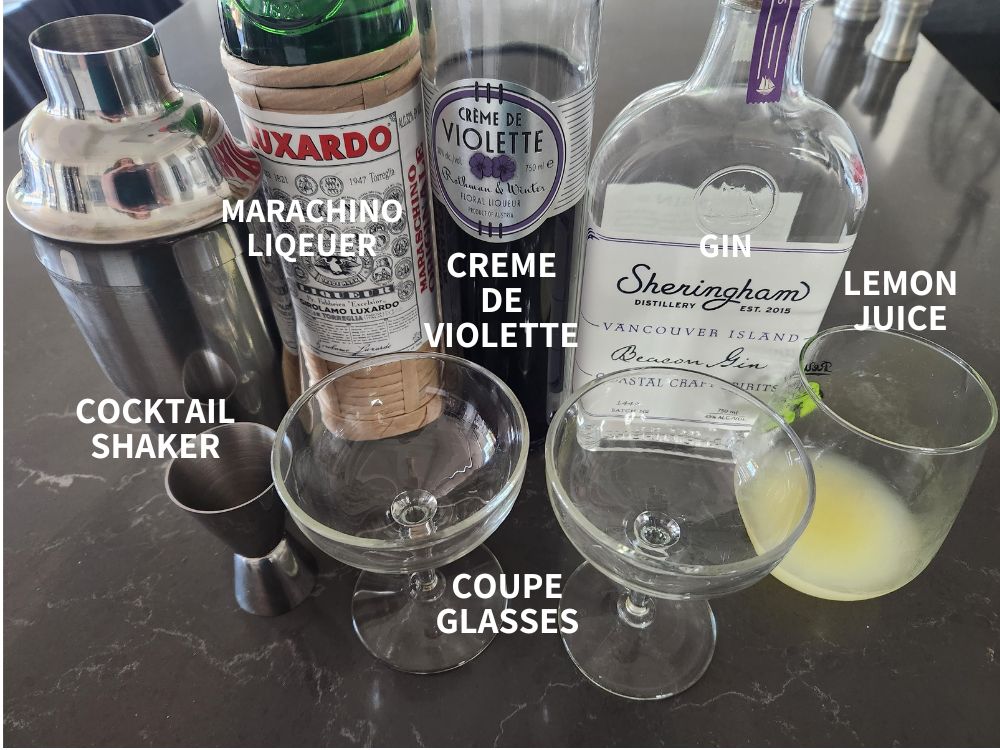 Ingredients for an Aviation cocktail