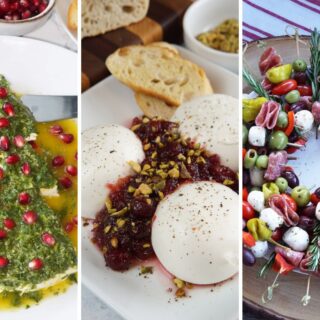 herb goat cheese Christmas tree appetizer, burrata with cranberries and pistachios, and holiday antipasto wreath.
