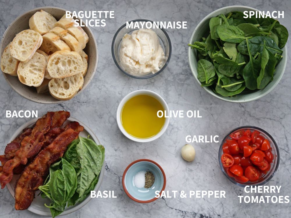 Ingredients for BLT crostini appetizers