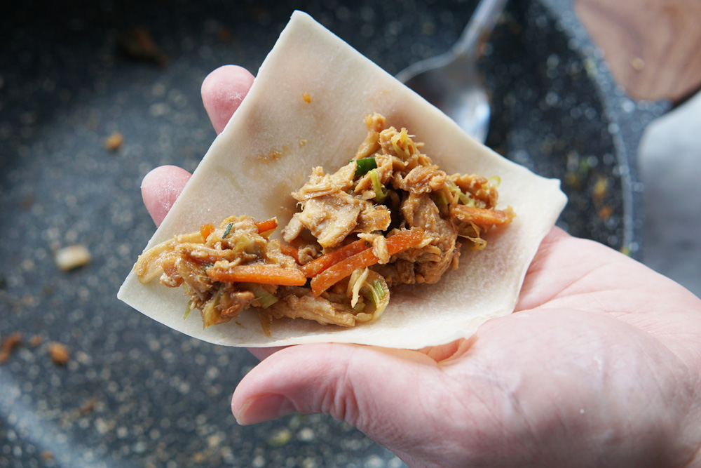 adding filling to a wonton wrapper