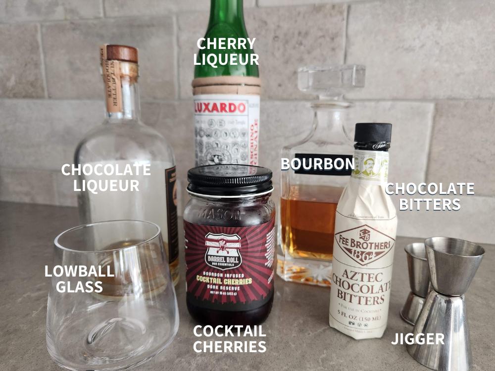 Ingredients for a chocolate covered cherry old fashioned