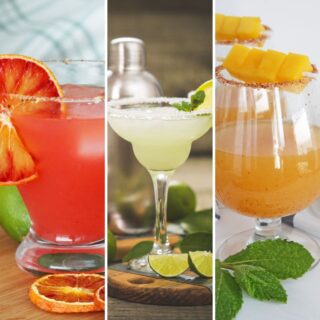 Blood orange margarita, classic margarita, and spicy mango margarita