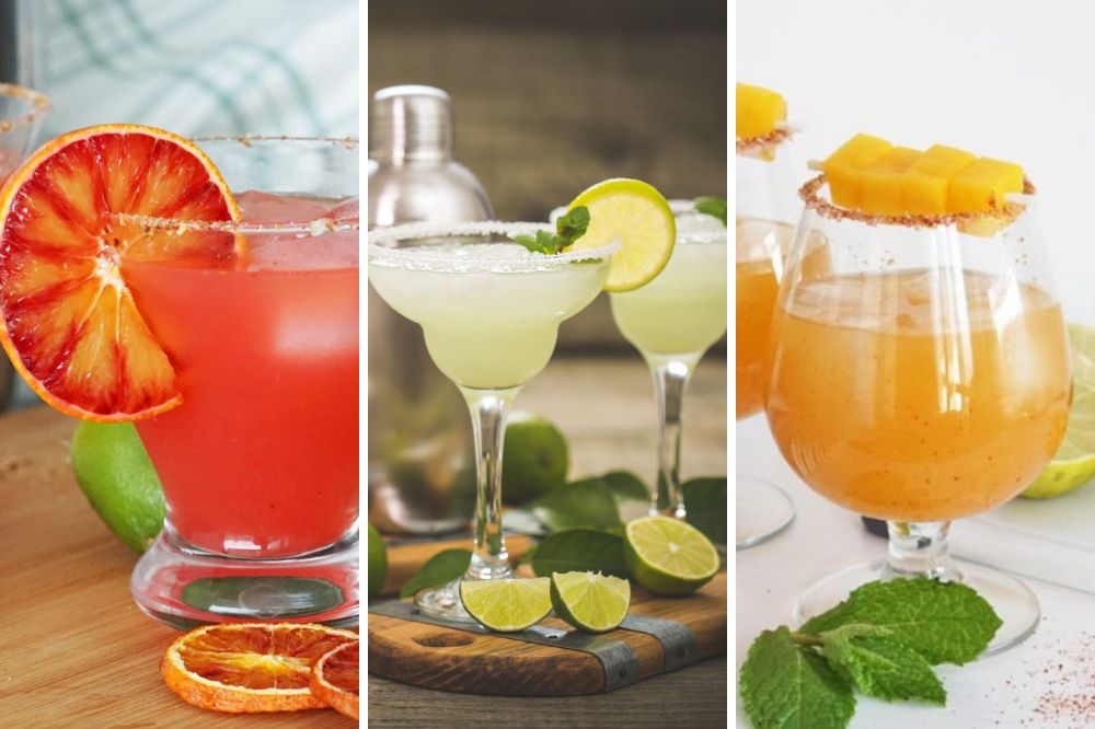 Blood orange margarita, classic margarita, and spicy mango margarita