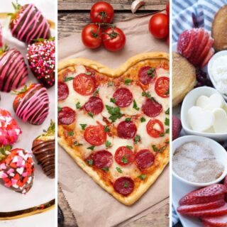 Chocolate covered strawberries, heart shaped pizza, and toast sharing board