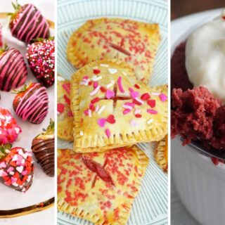 Chocolate covered strawberries, heart hand pies, and red velvet mug cake