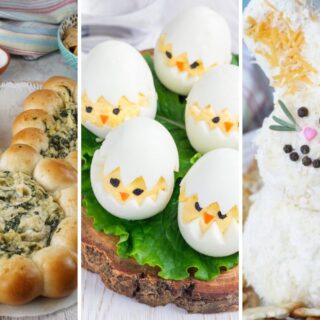 Bunny spinach dip, deviled Easter Chicks. and Bunny cheese ball