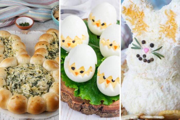 Bunny spinach dip, deviled Easter Chicks. and Bunny cheese ball