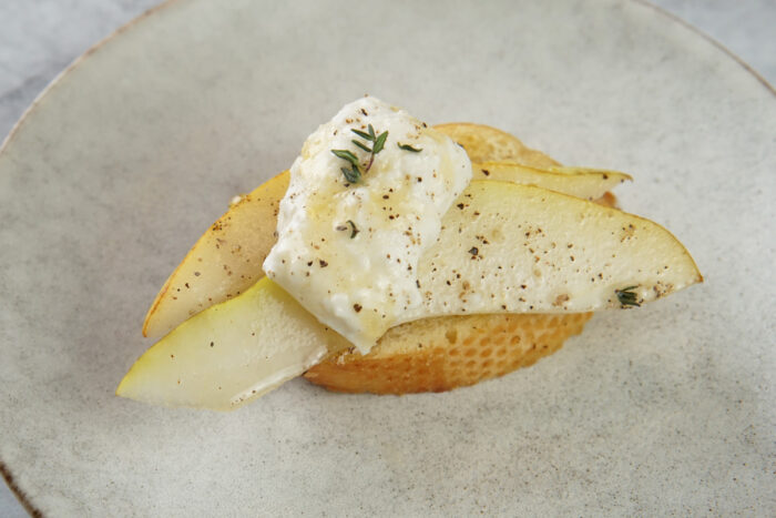 Pear and burrata crostini