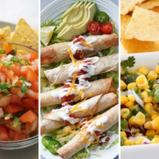 Pico de gallo, chicken taquitos and roasted poblano chili corn salsa