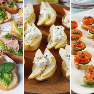 Whipped pea puree crostini, pear and burrata crostini, and smoked salmon crostini