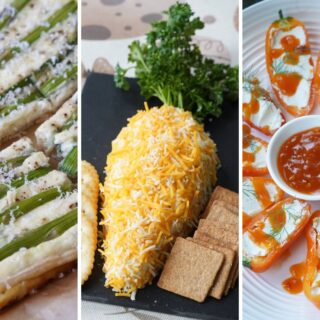 Asparagus and gruyere tart, carrot shaped cheese ball, and stuffed mini pepper.