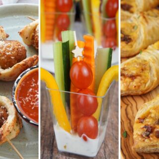 garlic bread meatballs app, veggie cups, and pulled pork puff pastries