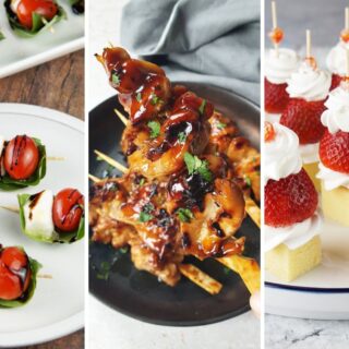Caprese skewers, sticky bourbon chicken skewers, and strawberry shortcake skewers