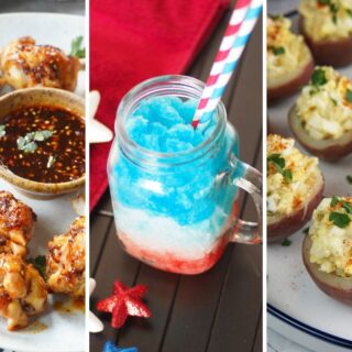 firecracker chicken lollipops, red white, and blue lemonade cocktail, and potato salad bites.