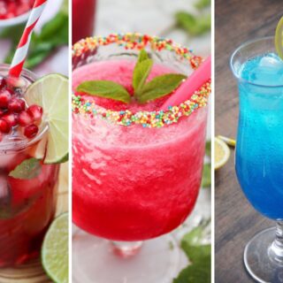 Virgin pomegranate fizz, watermelon slushie, and blue lagoon mocktail