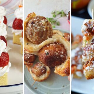 strawberry shortcake skewers, meatball garlic bread skewers, and dirty tater tot skewers