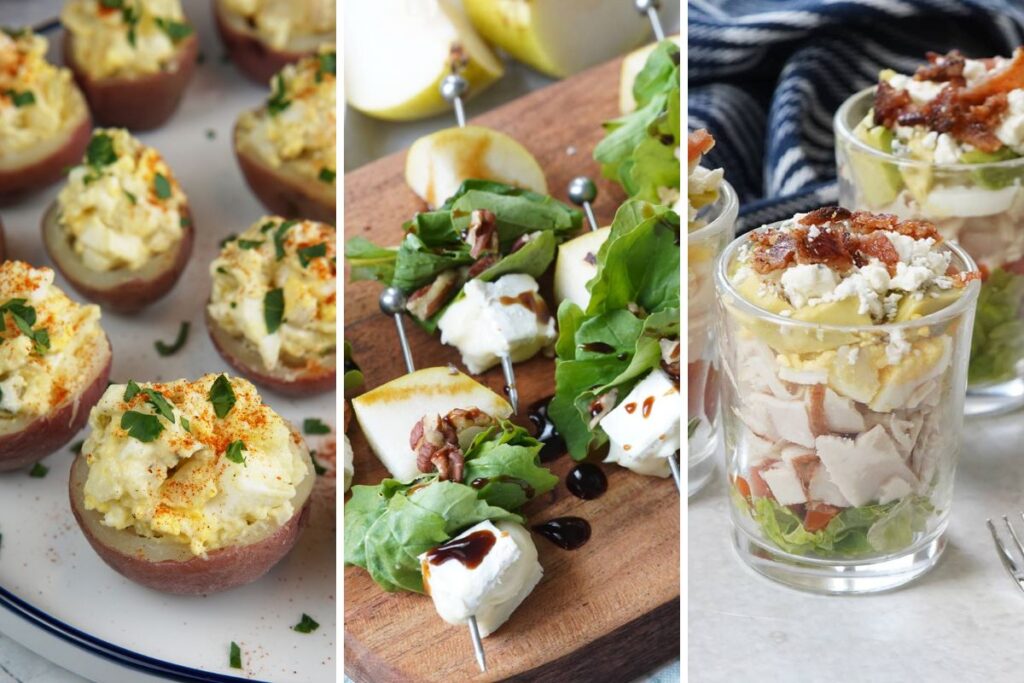 cobb salad cups, potato salad bites, and pear and brie skewers