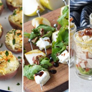 cobb salad cups, potato salad bites, and pear and brie skewers