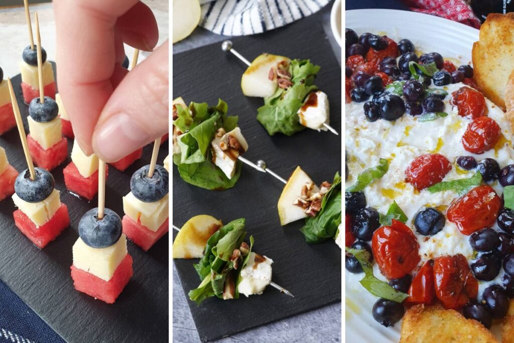 watermelon blueberry bites, pear and brie skewers and burrata dip.