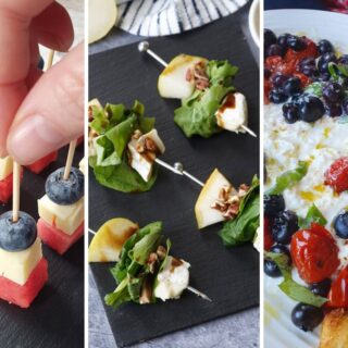 watermelon blueberry bites, pear and brie skewers and burrata dip.