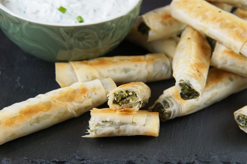 Spinach feta phyllo rolls