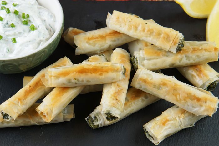Spinach feta phyllo rolls