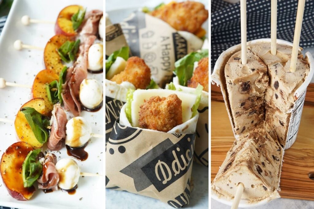 Peach and prosciutto skewers, mini chicken wraps, and ice cream skewers.