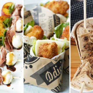 Peach and prosciutto skewers, mini chicken wraps, and ice cream skewers.