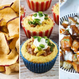 Apple chips, chili cornbread muffins, and patatas bravas