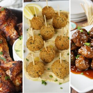 Peruvian chicken wings, falafel balls and hummus, and Mongolian beef meatballs