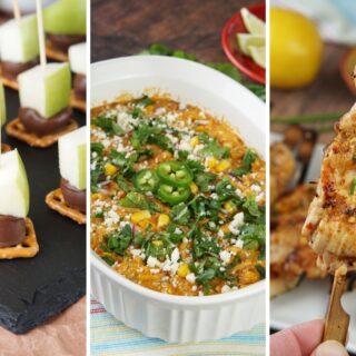 Caramel apple bites, Street corn dip , and cowboy butter chicken skewers