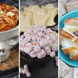 skull lasagna dip, booberry dip and mummy brie