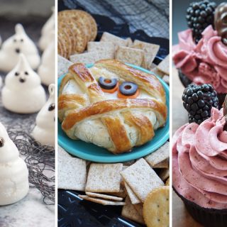 meringue ghosts, mummy brie, and blackberry skull cupcakes