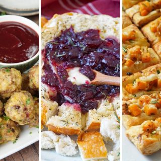 Sausage stuffing bites, cranberry brie bread bowl, and pumpkin puff pastry