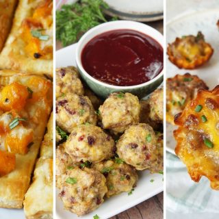 butternut squash puff pastry, sausage stuffing bites, and sausage tarts