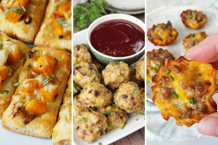 butternut squash puff pastry, sausage stuffing bites, and sausage tarts