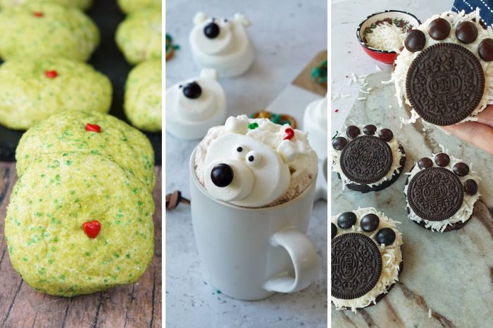 Grinch cookies, polar bear marshmallows, and bear paw brownies
