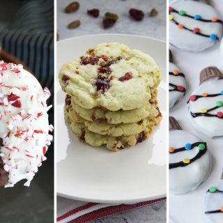 peppermint bark cookies, cranberry pistachio cookies, and chocolate dipped light string cookies