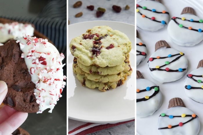 peppermint bark cookies, cranberry pistachio cookies, and chocolate dipped light string cookies