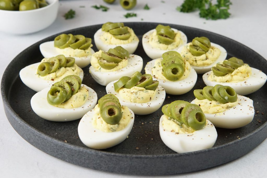 Dirty martini deviled eggs
