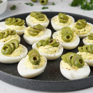 Dirty martini deviled eggs