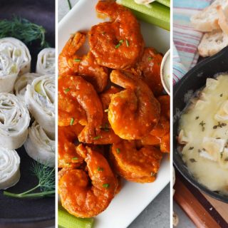 pickle pinwheels, buffalo shrimp, and garlic brie