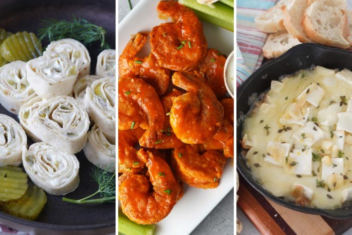 pickle pinwheels, buffalo shrimp, and garlic brie