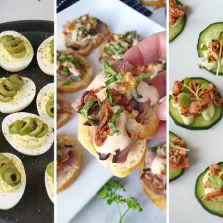 dirty martini deviled eggs, roast beef and onion canape, and salmon crackers